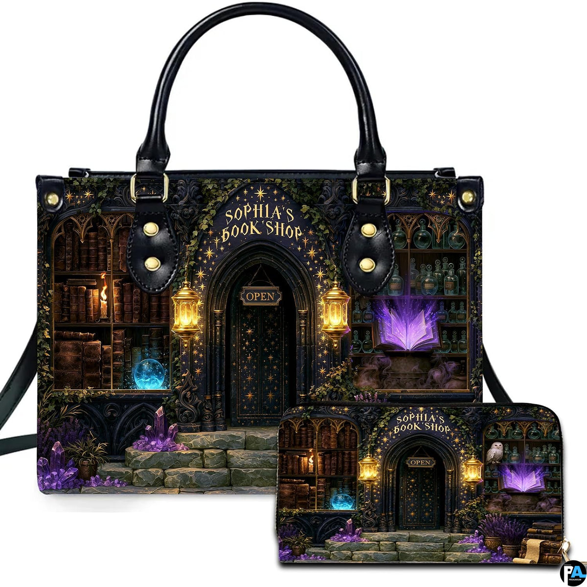 Gothic magic bookshop entrance with glowing lanterns, purple crystals, and illuminated grimoire.
