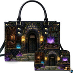 Gothic magic bookshop entrance with glowing lanterns, purple crystals, and illuminated grimoire.