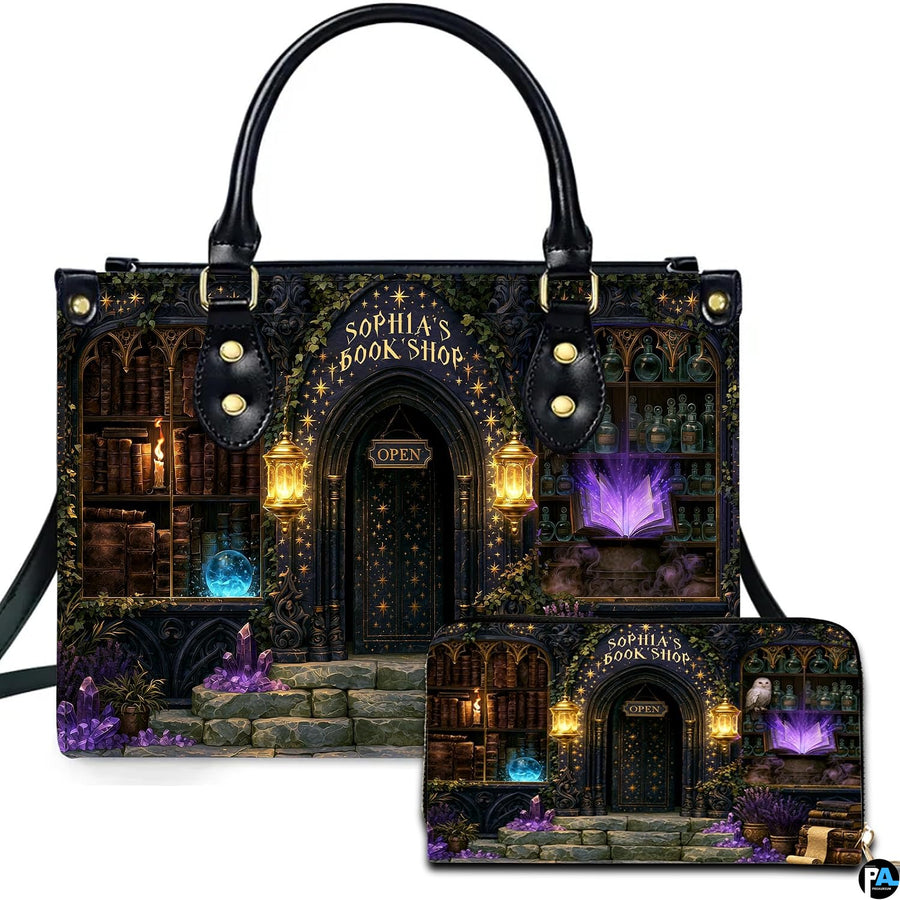 Gothic magic bookshop entrance with glowing lanterns, purple crystals, and illuminated grimoire.