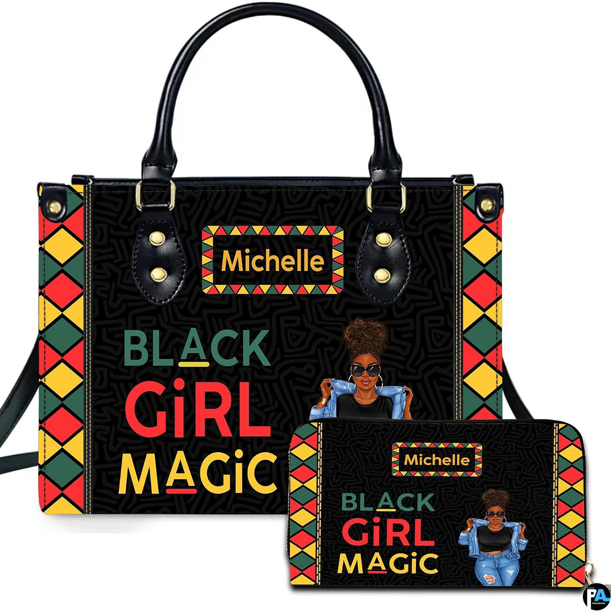 Afrocentric artwork accessory and companion piece depicting illustrated woman framed by red, yellow, and green borders.
