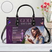 Jesus scripture handbag on white table beside floral bouquet with texture swatch inset.