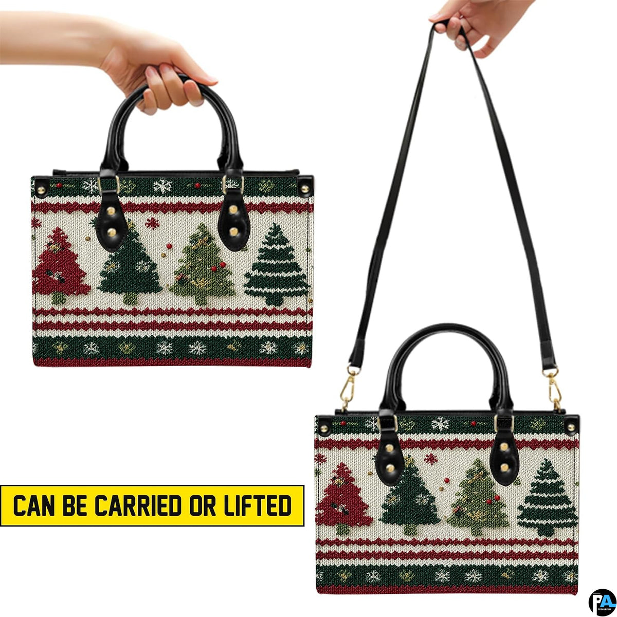Graphic visual overview illustrating multiple orientation angles for the printed holiday accessory
