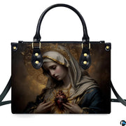 Front view of Immaculate Heart of Mary handbag showing Virgin Mary holding flaming crowned heart