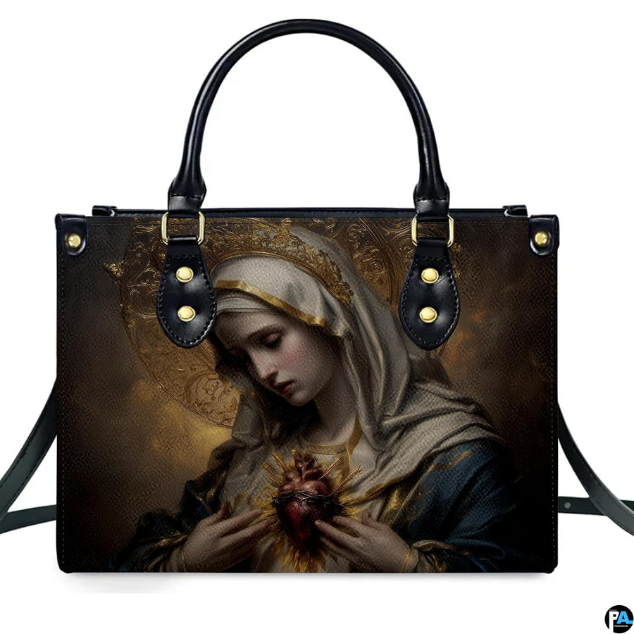 Front view of Immaculate Heart of Mary handbag showing Virgin Mary holding flaming crowned heart