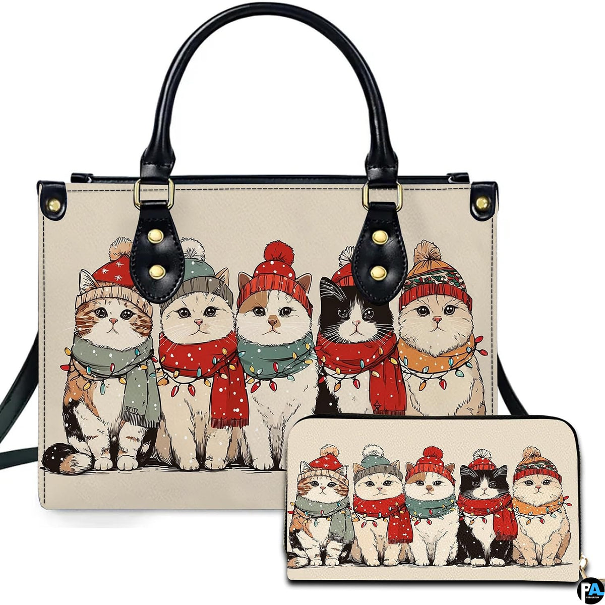 Front view of structured silhouette and matching accessory showcasing five cats in beanies with holiday fairy lights.