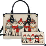 Front view of structured silhouette and matching accessory showcasing five cats in beanies with holiday fairy lights.