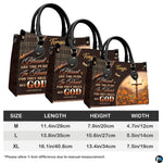 Dimensions diagram displaying sizing specifications for wooden cross handbag and matching wallet.