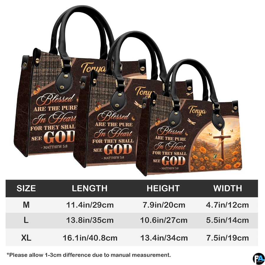 Dimensions diagram displaying sizing specifications for wooden cross handbag and matching wallet.