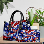 Front close-up view of handbag showing patriotic flag butterflies