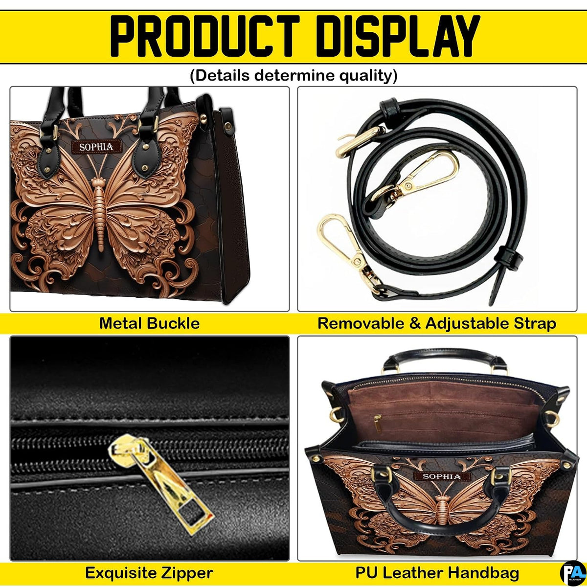 Demonstration showing top handle and shoulder carrying positions for the rose gold butterfly handbag.