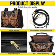 Demonstration showing top handle and shoulder carrying positions for the rose gold butterfly handbag.