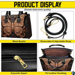 Demonstration showing top handle and shoulder carrying positions for the rose gold butterfly handbag.