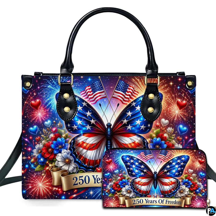 Patriotic butterfly fireworks handbag and matching wallet pair