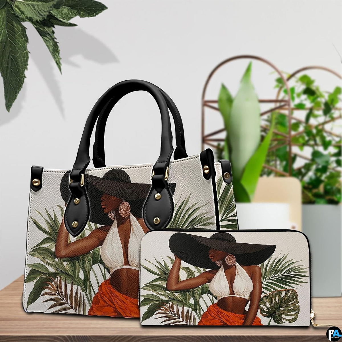 Tabletop scene presenting matching accessories with the tropical resort woman illustration and potted greenery.