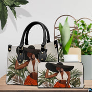 Tabletop scene presenting matching accessories with the tropical resort woman illustration and potted greenery.