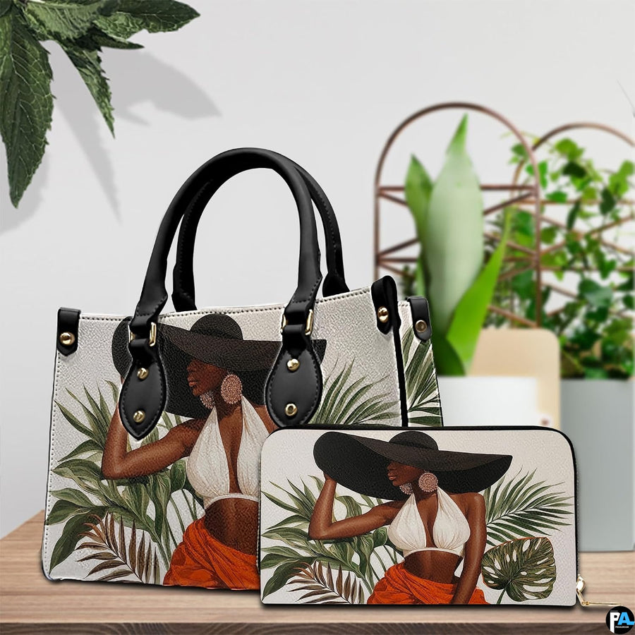 Tabletop scene presenting matching accessories with the tropical resort woman illustration and potted greenery.
