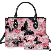Black butterfly pink daisy handbag and matching wallet set