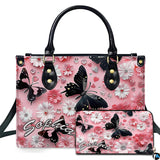 Black Butterfly Pink Daisy Handbag and Matching Wallet Set