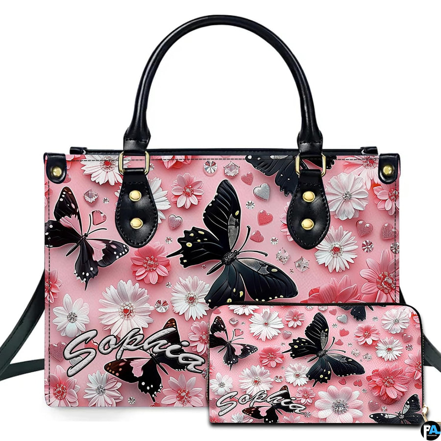 Black butterfly pink daisy handbag and matching wallet set