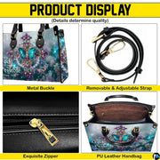 Side angle view of the structured butterfly cross handbag displaying side print details