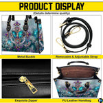 Side angle view of the structured butterfly cross handbag displaying side print details