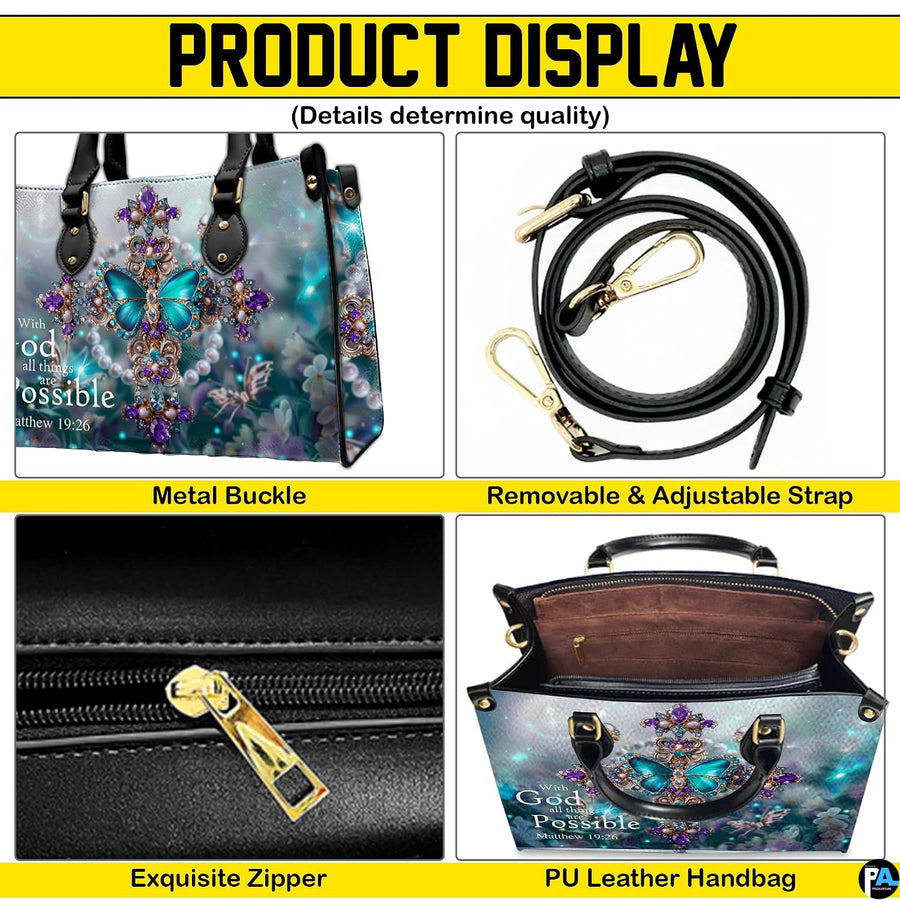 Side angle view of the structured butterfly cross handbag displaying side print details