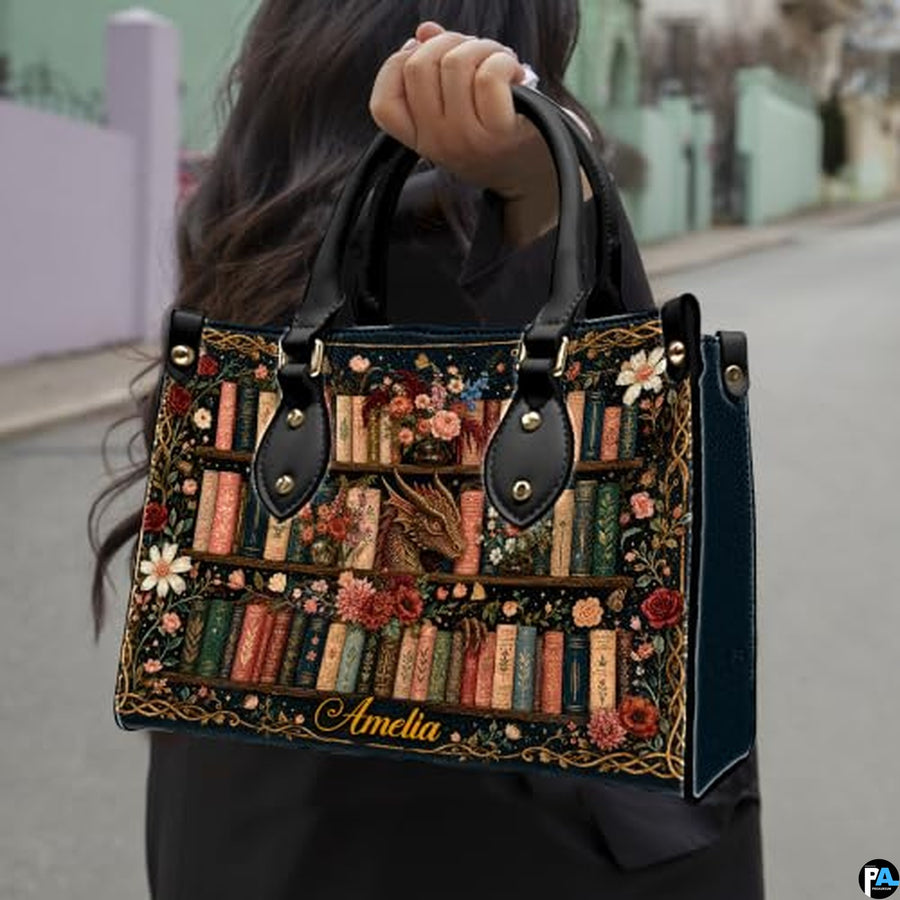 Personalized Book Lover Leather Handbag for Women, 3D Bookstore Library Tote Bag, Literary Gift for Readers, Bookworms