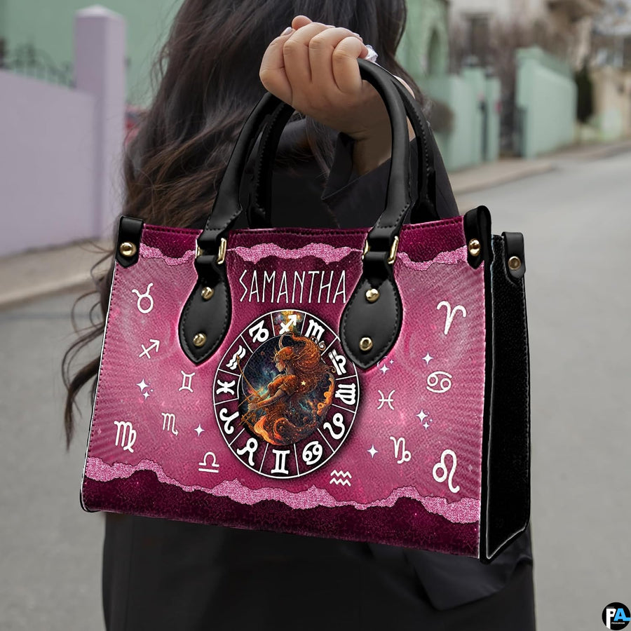 Outdoor street showcase of Celestial Archer Satchel Handbag carried on city walkway.