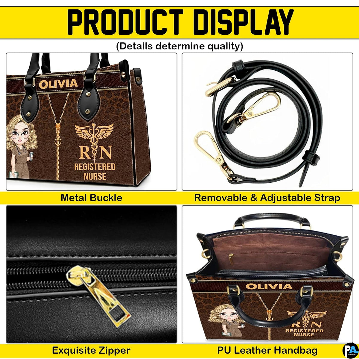 Four-panel showcase illustrating hardware attachments, zipper, and open layout.