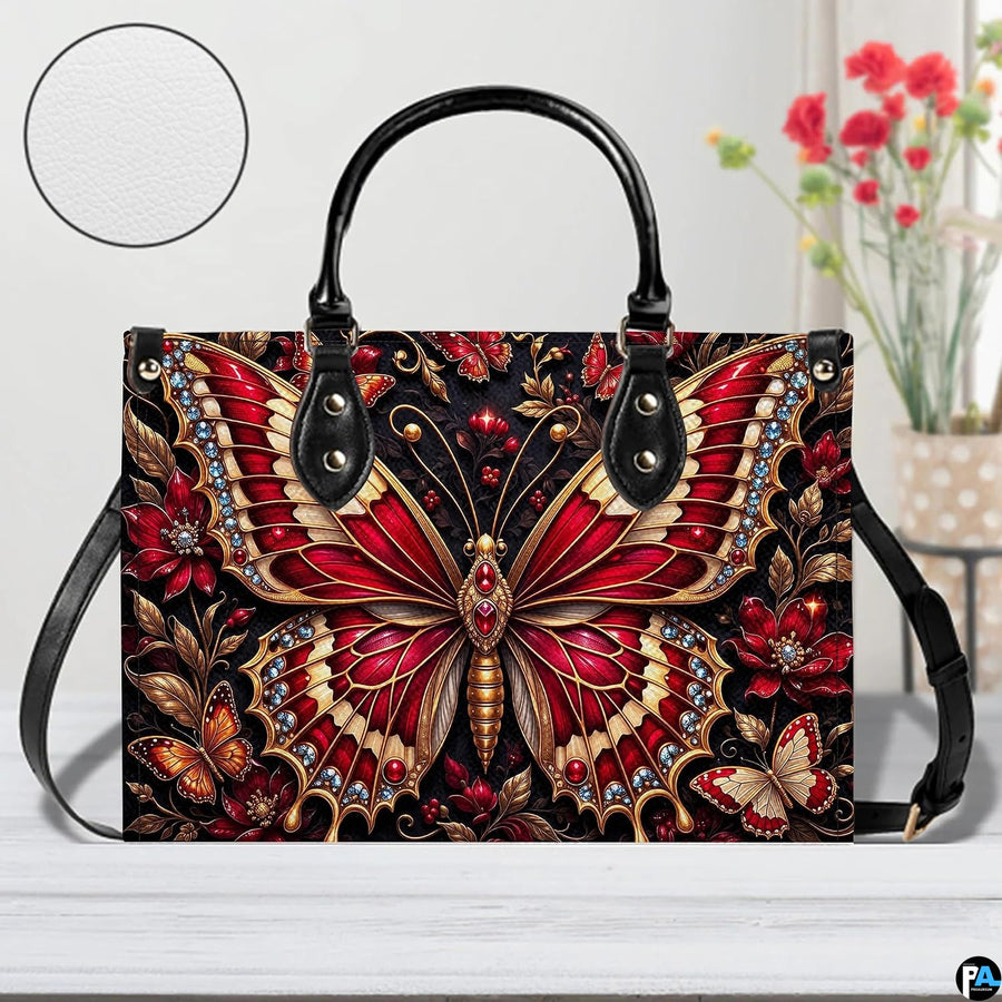 Matching crimson jeweled butterfly wallet detailing red butterfly and ruby blossoms