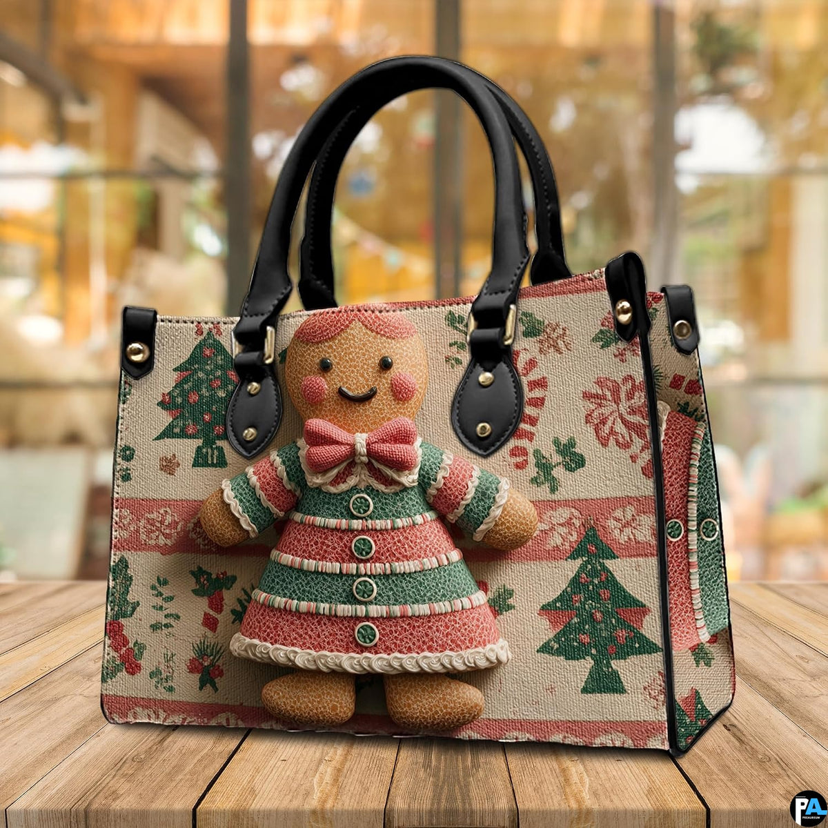 Atmospheric cafe tabletop scene featuring the festive gingerbread design in warm ambient indoor lighting.