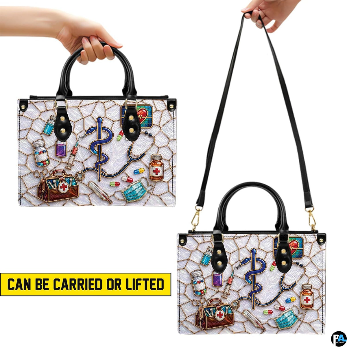 Rear perspective view showing structured exterior back panel of the handbag.