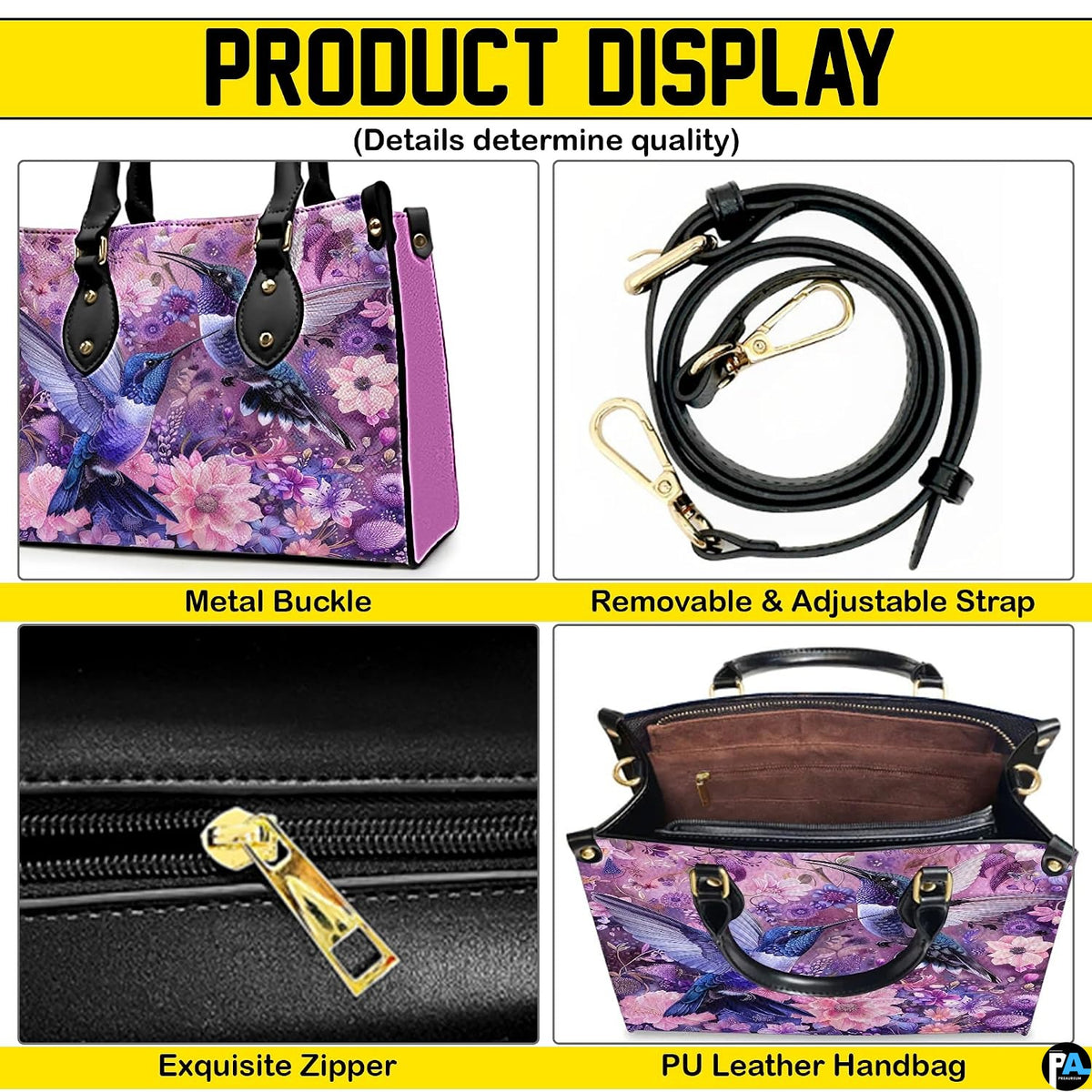 Side profile view of purple hummingbird handbag displaying structured silhouette and proportions.