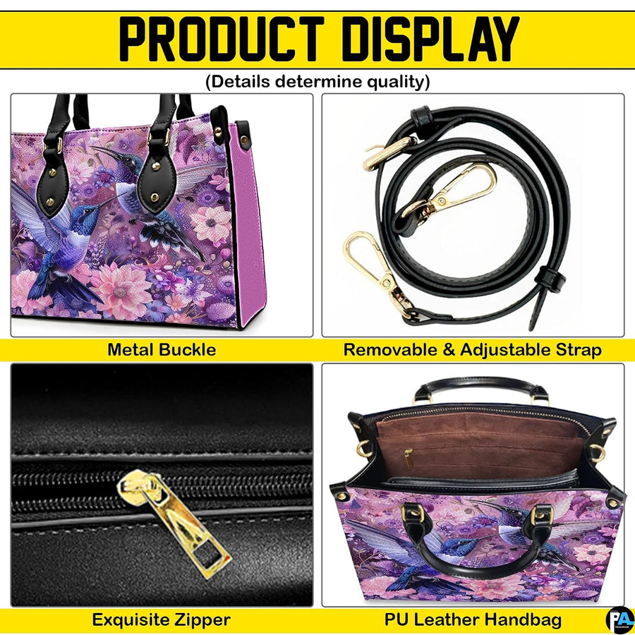 Side profile view of purple hummingbird handbag displaying structured silhouette and proportions.