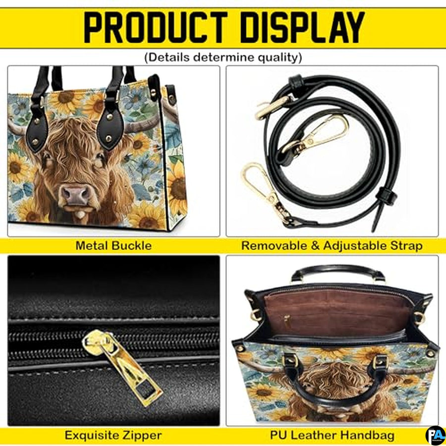 Highland Cow Leather Handbag Custom Cow Purse for Women Country Farm PU Leather Tote Gifts for Farmers Girls Mom Gift