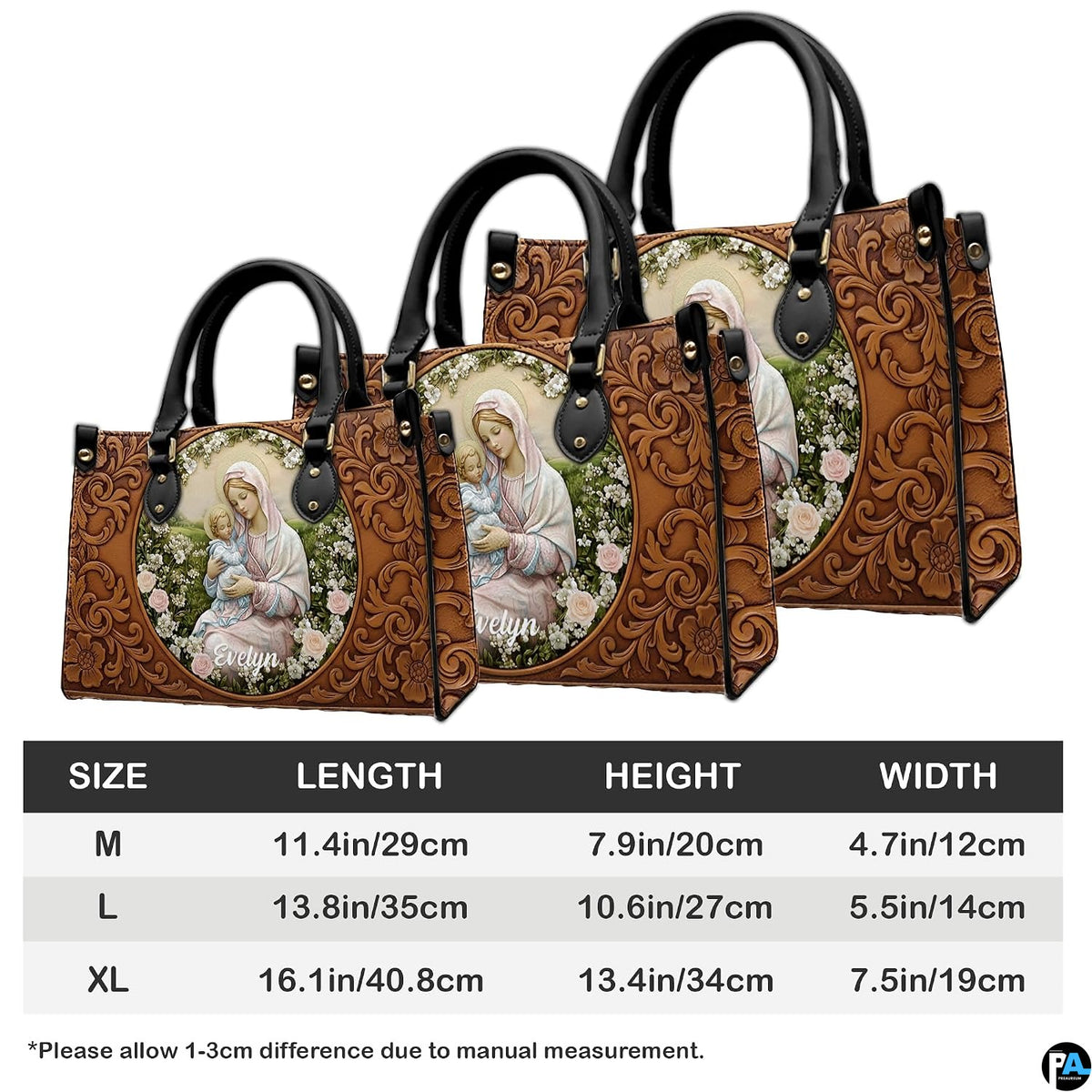 Tabletop display of tooled Madonna handbag highlighting carved acanthus relief and meadow portrait