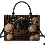Detailed view of dark wooden library bookshelf backdrop and botanical floral arrangement