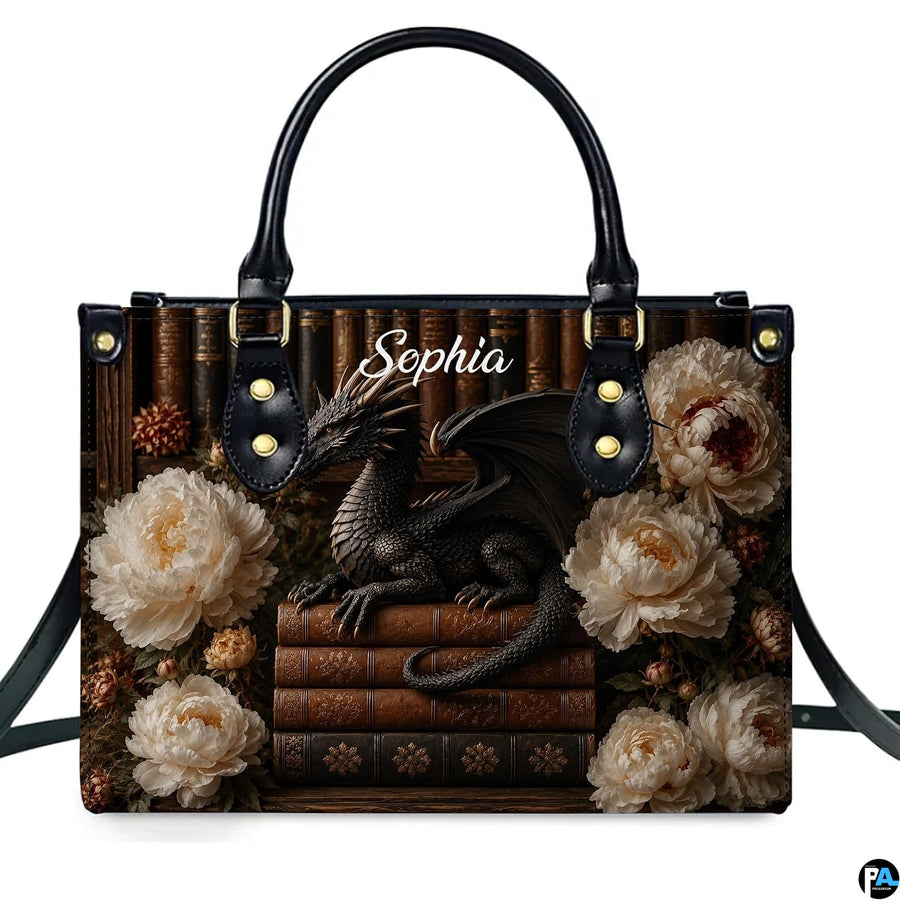 Detailed view of dark wooden library bookshelf backdrop and botanical floral arrangement