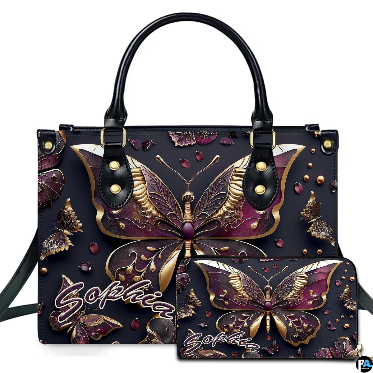 Sculptural gold plum butterfly handbag and matching wallet set