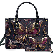 Sculptural gold plum butterfly handbag and matching wallet set