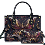 Sculptural gold plum butterfly handbag and matching wallet set