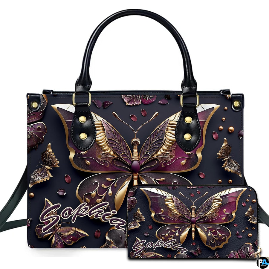 Sculptural gold plum butterfly handbag and matching wallet set