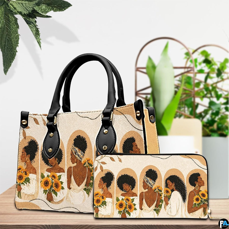 Tabletop showcase featuring five women sunflower art and companion piece beside indoor foliage arrangement.