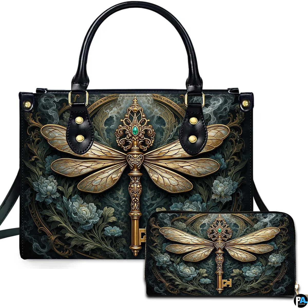 Baroque dragonfly skeleton key handbag and wallet set displayed against a white studio background