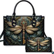 Baroque dragonfly skeleton key handbag and wallet set displayed against a white studio background