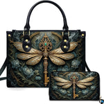 Baroque dragonfly skeleton key handbag and wallet set displayed against a white studio background