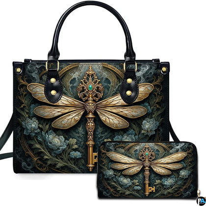 Baroque dragonfly skeleton key handbag and wallet set displayed against a white studio background