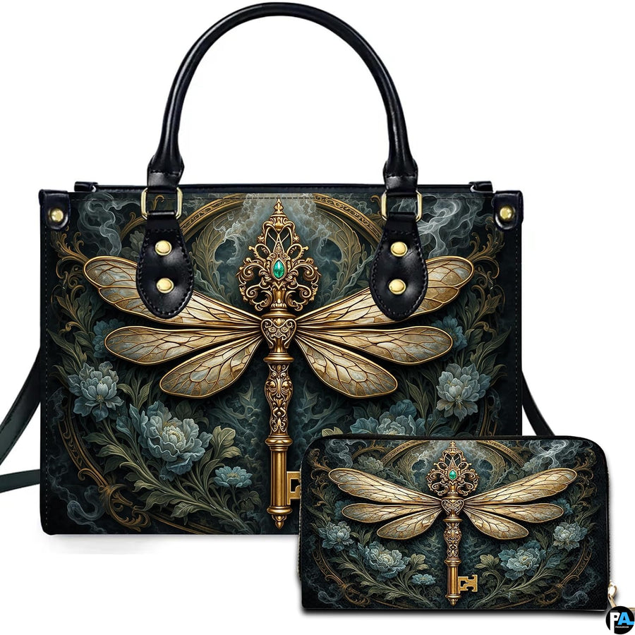 Baroque dragonfly skeleton key handbag and wallet set displayed against a white studio background