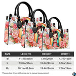 Size chart illustrating dimensions for medium, large, and extra large chibi Guadalupe handbags.