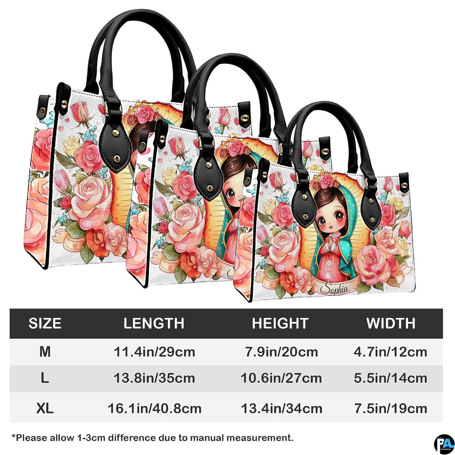 Size chart illustrating dimensions for medium, large, and extra large chibi Guadalupe handbags.